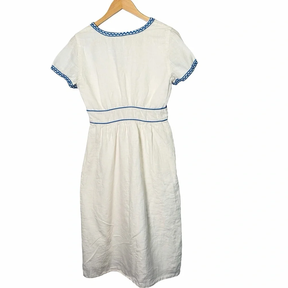J. Crew 100% Linen Embroidered White Midi Dress with Blue Trim V-Neck, US 6 - Picture 8 of 16